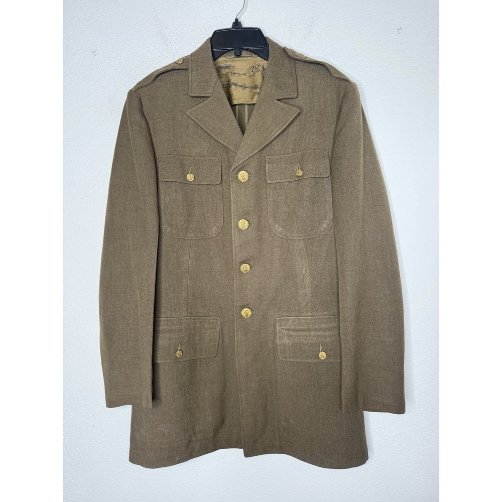 Vintage Army Military Jacket-Worsted Wool-Khaki-Brass Button-Size 38L